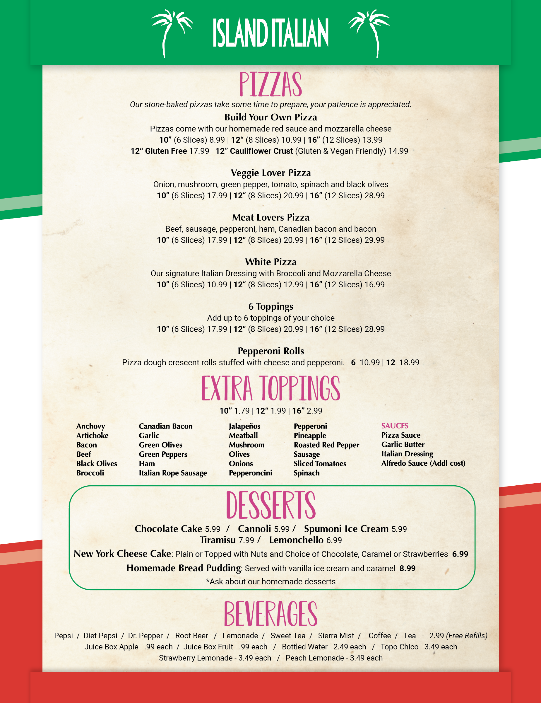 Island Italian Restaurant Dinner Menu in Corpus Christi, Texas.